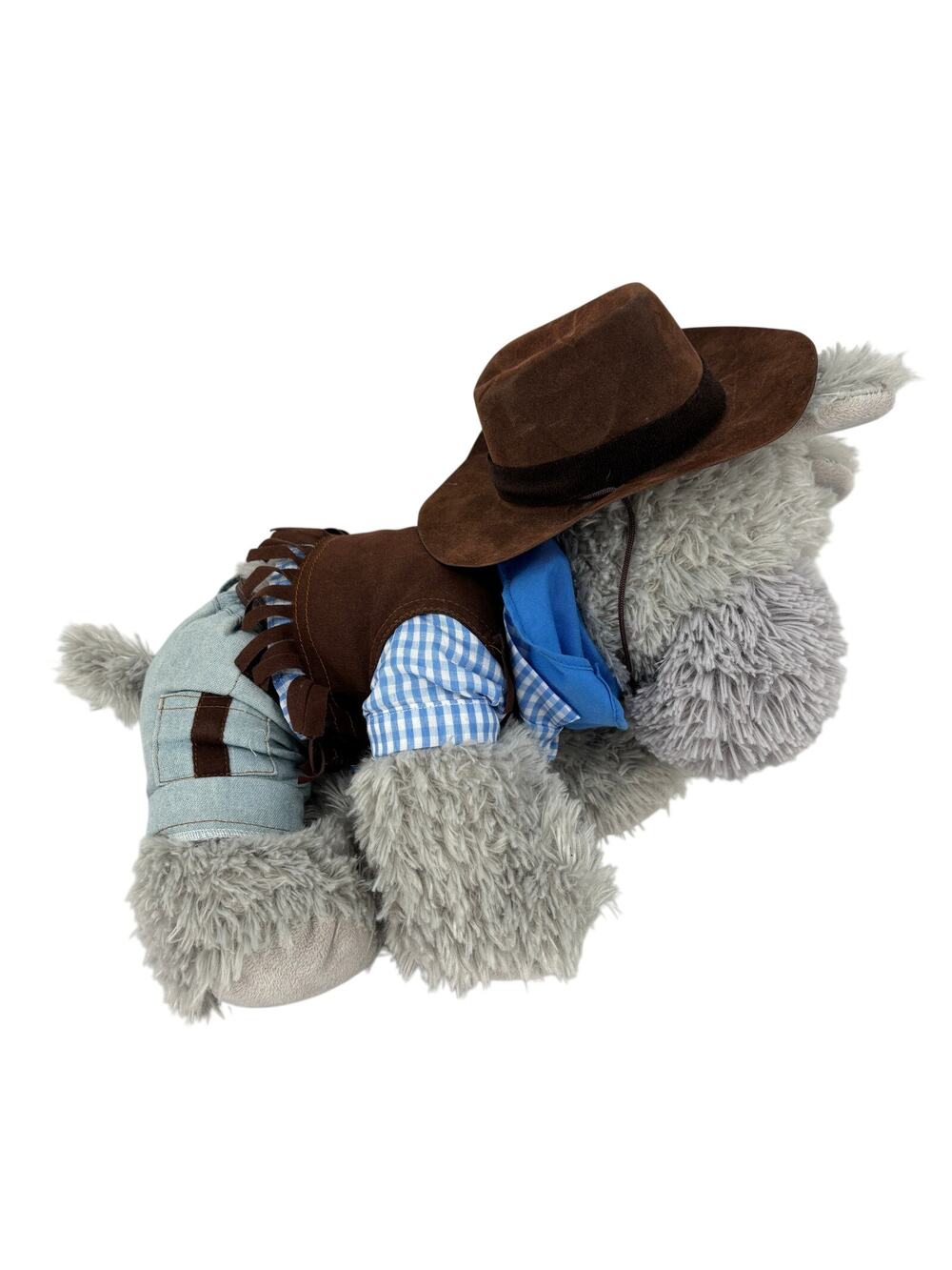 Teddy Mountain Plush Puppy Dog Gray Shaggy Cowboy‎ Outfit Hat Jeans Vest 18 Inch